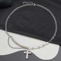 304 Stainless Steel Casual Hip-Hop Beaded Pearl Inlay Cross Zircon Pendant Necklace main image 4
