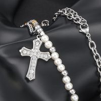 304 Stainless Steel Casual Hip-Hop Beaded Pearl Inlay Cross Zircon Pendant Necklace main image 5