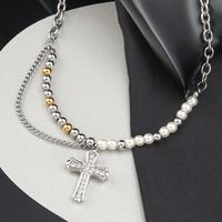 304 Stainless Steel Casual Hip-Hop Beaded Pearl Inlay Cross Zircon Pendant Necklace main image 7