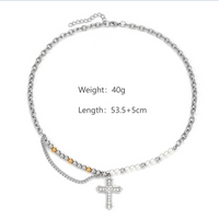 304 Stainless Steel Casual Hip-Hop Beaded Pearl Inlay Cross Zircon Pendant Necklace main image 2
