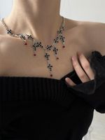 Casual Hip-Hop Vintage Style Cross Stainless Steel Alloy Necklace 304/Artificial Crystal Inlay Artificial Rhinestones Silver Plated Women's Pendant Necklace Sweater Chain main image 3