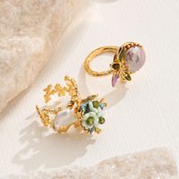 Wholesale Elegant Baroque Style Vacation Flower Copper Hollow Out Inlay 18K Gold Plated Pearl Zircon Open Rings Rings main image 3