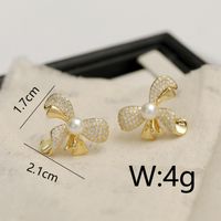 1 Pair Casual Business British Style Bow Knot Inlay Copper Pearl Zircon 18K Gold Plated Ear Cuffs sku image 3