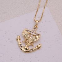 Hip-Hop Cool Style Anchor Eagle Copper Inlay Zircon 18K Gold Plated Unisex Pendant Necklace main image 6