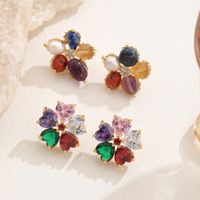 1 Pair Vacation Romantic Shiny Flower Inlay Copper Natural Stone Freshwater Pearl Zircon 18K Gold Plated Ear Studs main image 1