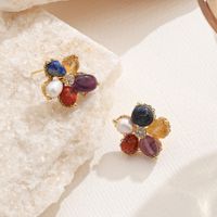 1 Pair Vacation Romantic Shiny Flower Inlay Copper Natural Stone Freshwater Pearl Zircon 18K Gold Plated Ear Studs main image 5