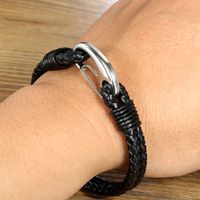 Simple Style Plaid Stainless Steel Pu Leather Knitting None Unisex Wristband main image 3