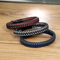 Casual Simple Style Plaid Stainless Steel Pu Leather Braid None Rhodium Plated Unisex Wristband main image 5