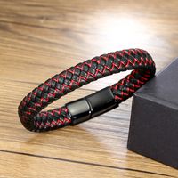 Casual Simple Style Plaid Stainless Steel Pu Leather Braid None Rhodium Plated Unisex Wristband main image 7
