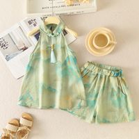 Chinoiserie Mountain Printing Knot Cotton Cotton Blend Girls Clothing Sets sku image 1