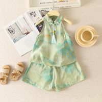 Chinoiserie Mountain Printing Knot Cotton Cotton Blend Girls Clothing Sets main image 3