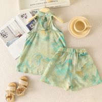 Chinoiserie Mountain Printing Knot Cotton Cotton Blend Girls Clothing Sets main image 2