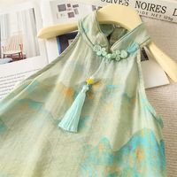 Chinoiserie Mountain Printing Knot Cotton Cotton Blend Girls Clothing Sets main image 4