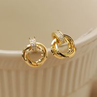 1 Pair Vintage Style Simple Style Geometric Round Inlay Copper Zircon 18K Gold Plated Ear Studs main image 1