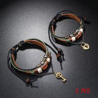 Retro Key Lock Pu Leather Alloy Wax Line Knitting Couple Bracelets sku image 1