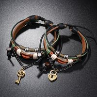 Retro Key Lock Pu Leather Alloy Wax Line Knitting Couple Bracelets main image 1