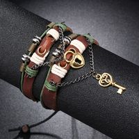 Retro Key Lock Pu Leather Alloy Wax Line Knitting Couple Bracelets main image 2