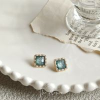 Simple Style Square Copper Inlay Resin Pearl Zircon Ear Studs 1 Pair sku image 1