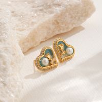 1 Pair Elegant Romantic Heart Shape Inlay Copper Freshwater Pearl Zircon 18K Gold Plated Ear Studs main image 4