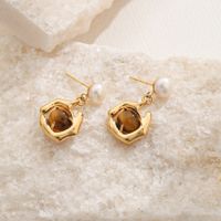 1 Pair Elegant Irregular Geometric Inlay Copper Natural Stone Freshwater Pearl 18K Gold Plated Drop Earrings main image 4