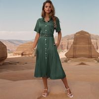 Women's Regular Dress Simple Style Turndown Short Sleeve Solid Color Midi Dress Holiday main image 1