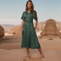 Women's Regular Dress Simple Style Turndown Short Sleeve Solid Color Midi Dress Holiday main image 6