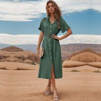 Women's Regular Dress Simple Style Turndown Short Sleeve Solid Color Midi Dress Holiday main image 2