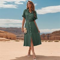 Women's Regular Dress Simple Style Turndown Short Sleeve Solid Color Midi Dress Holiday main image 3