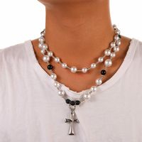 Rock Simple Style Streetwear Cross Stainless Steel Beaded Pearl Men's Pendant Necklace main image 3