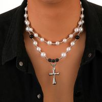 Rock Simple Style Streetwear Cross Stainless Steel Beaded Pearl Men's Pendant Necklace main image 1