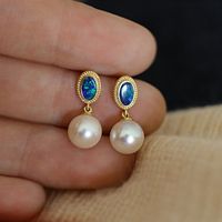 1 Pair Casual Classical Simple Style Oval Inlay Copper Artificial Gemstones 18K Gold Plated Drop Earrings main image 1