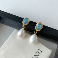 1 Pair Casual Classical Simple Style Oval Inlay Copper Artificial Gemstones 18K Gold Plated Drop Earrings main image 3