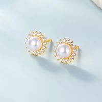 1 Pair Elegant Wedding Pastoral Round Inlay Imitation Pearl Pearl Zircon White Gold Plated Gold Plated Ear Studs Ear Hook sku image 1