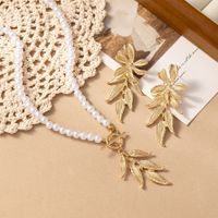 Elegant Classical Leaf Flower Artificial Pearl Alloy Beaded 14K Gold Plated Women's Earrings Necklace main image 5