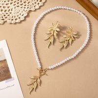 Elegant Classical Leaf Flower Artificial Pearl Alloy Beaded 14K Gold Plated Women's Earrings Necklace main image 4