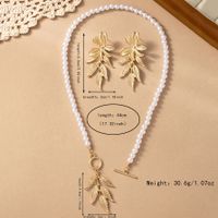 Elegant Classical Leaf Flower Artificial Pearl Alloy Beaded 14K Gold Plated Women's Earrings Necklace main image 2