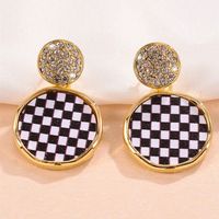 1 Pair IG Style Vintage Style Round Checkered Inlay Alloy Rhinestones 18K Gold Plated Drop Earrings main image 3