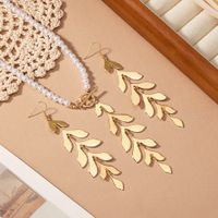 Elegant Luxurious Leaves Artificial Pearl Alloy Beaded Tassel 14K Gold Plated Women's Earrings Necklace main image 3