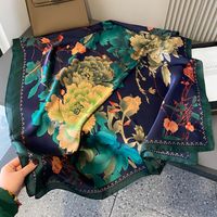 Women's Classic Style Color Block Satin Printing And Dyeing Flowers Silk Scarf sku image 6