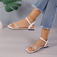 Frau Strassenmode Einfarbig Strass Quadratischer Zeh Offener Zeh Sandalen Mit Knöchelriemen Leer main image 3