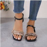 Frau Strassenmode Einfarbig Strass Quadratischer Zeh Offener Zeh Sandalen Mit Knöchelriemen Leer sku image 15