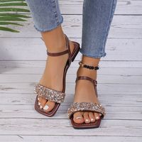 Frau Strassenmode Einfarbig Strass Quadratischer Zeh Offener Zeh Sandalen Mit Knöchelriemen Leer sku image 19