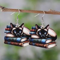 1 Pair Retro Book Cartoon Cat Wood Drop Earrings sku image 7