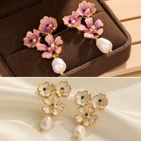 1 Pair Vacation Sweet Flower Enamel Inlay Freshwater Pearl Copper Freshwater Pearl 18K Gold Plated Drop Earrings main image 1