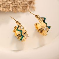 1 Pair Original Design Streetwear Waves Enamel Inlay Copper Zircon 18K Gold Plated Ear Studs main image 3