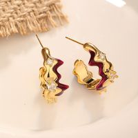 1 Pair Original Design Streetwear Waves Enamel Inlay Copper Zircon 18K Gold Plated Ear Studs main image 6
