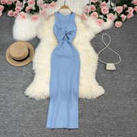 Femmes Robe Moulante Élégant Sexy Col Rond Dos Nu Sans Manches Couleur Unie Maxi Longue Robe Vacances Banquet main image 5