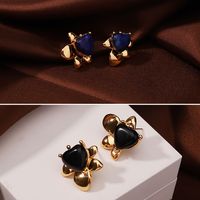 1 Pair Vacation Simple Style Heart Shape Flower Inlay Copper Lapis Lazuli Obsidian 18K Gold Plated Ear Studs main image 1