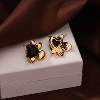 1 Pair Vacation Simple Style Heart Shape Flower Inlay Copper Lapis Lazuli Obsidian 18K Gold Plated Ear Studs main image 4