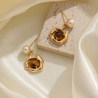 1 Pair Retro Baroque Style Vacation Irregular Inlay Copper Pearl Tiger Eye Opal 18K Gold Plated Drop Earrings main image 6